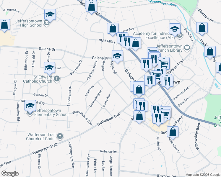 map of restaurants, bars, coffee shops, grocery stores, and more near 3600 Locust Avenue in Jeffersontown