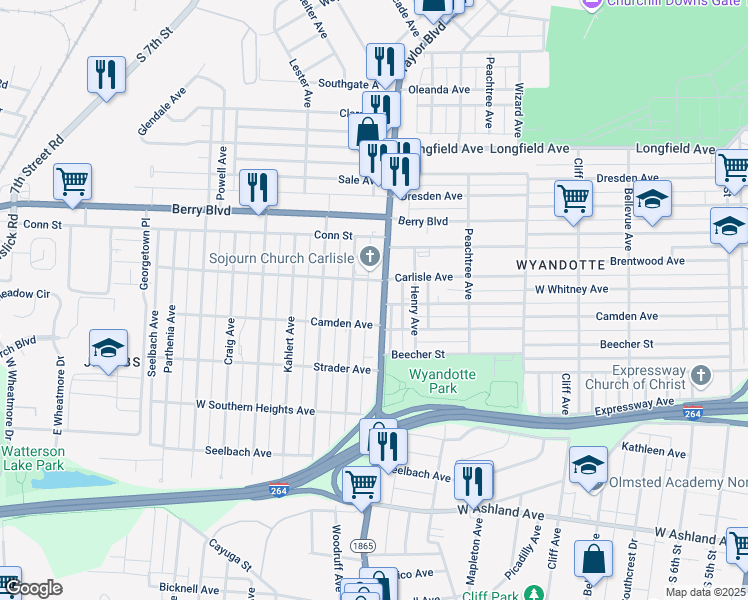 map of restaurants, bars, coffee shops, grocery stores, and more near 3630 Taylor Boulevard in Louisville