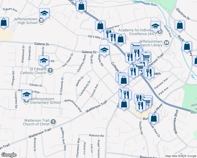 map of restaurants, bars, coffee shops, grocery stores, and more near 3600 Locust Avenue in Jeffersontown
