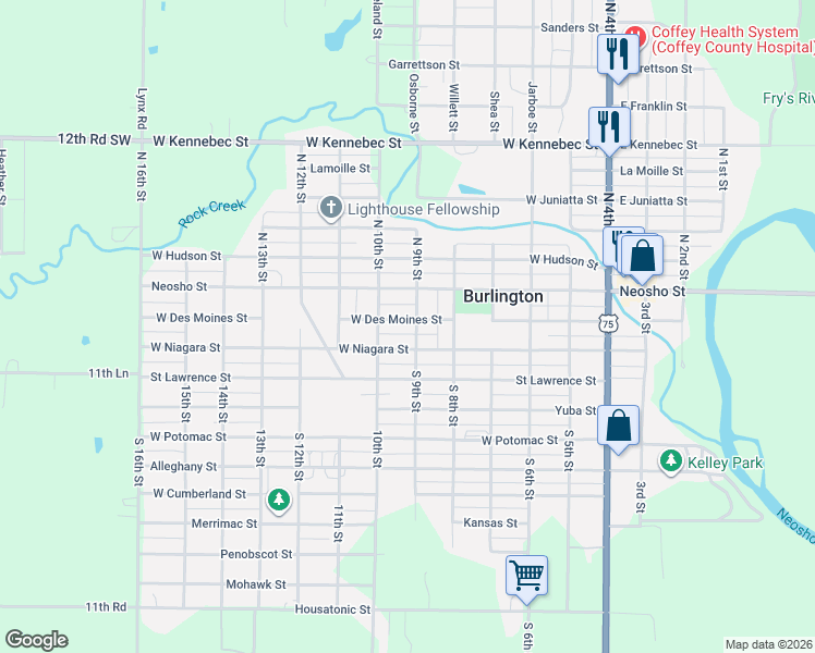 map of restaurants, bars, coffee shops, grocery stores, and more near 216 South 9th Street in Burlington