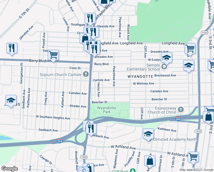 map of restaurants, bars, coffee shops, grocery stores, and more near 1121 West Whitney Avenue in Louisville