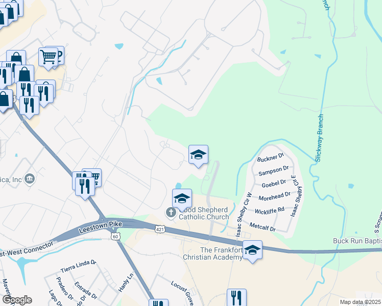 map of restaurants, bars, coffee shops, grocery stores, and more near 300 Copperleaf Boulevard in Frankfort