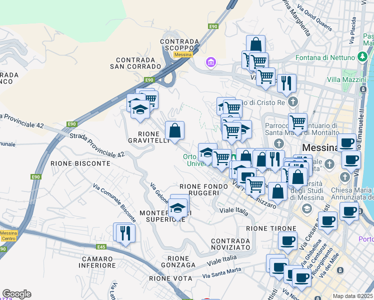 map of restaurants, bars, coffee shops, grocery stores, and more near 60 Via Pietro Castelli in Messina