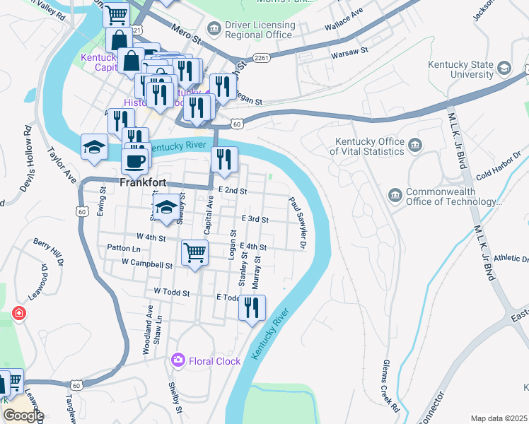 map of restaurants, bars, coffee shops, grocery stores, and more near 223 Murray Street in Frankfort