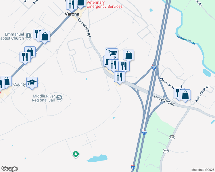 map of restaurants, bars, coffee shops, grocery stores, and more near 39 Adams Lane in Verona