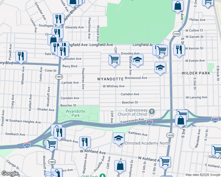 map of restaurants, bars, coffee shops, grocery stores, and more near 919 Camden Avenue in Louisville