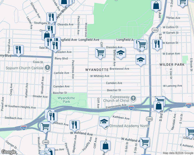 map of restaurants, bars, coffee shops, grocery stores, and more near 919 Camden Avenue in Louisville
