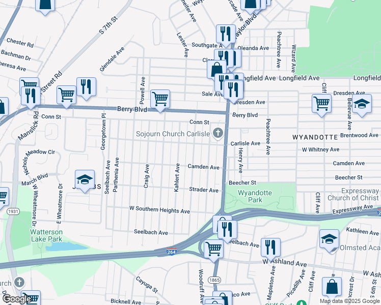 map of restaurants, bars, coffee shops, grocery stores, and more near 3648 Lentz Avenue in Louisville