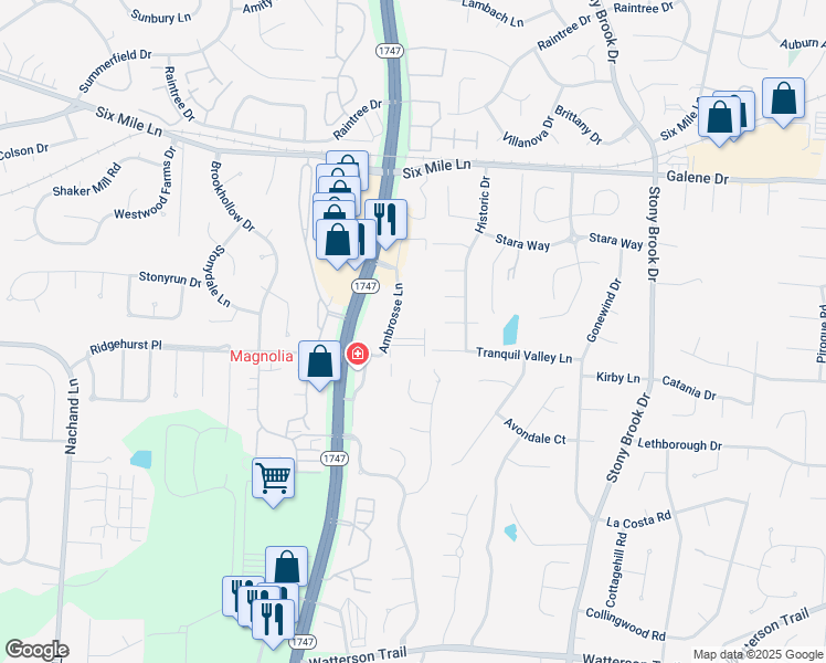 map of restaurants, bars, coffee shops, grocery stores, and more near 8404 Ambrosse Lane in Louisville