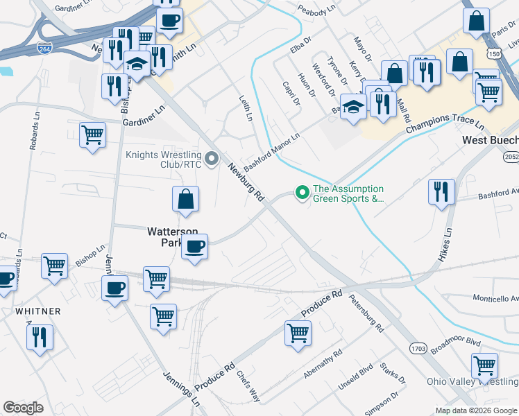 map of restaurants, bars, coffee shops, grocery stores, and more near 4401 Champions Trace Lane in Louisville