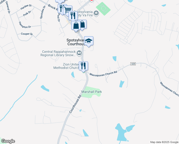 map of restaurants, bars, coffee shops, grocery stores, and more near 7217 Massaponax Church Road in Spotsylvania Courthouse