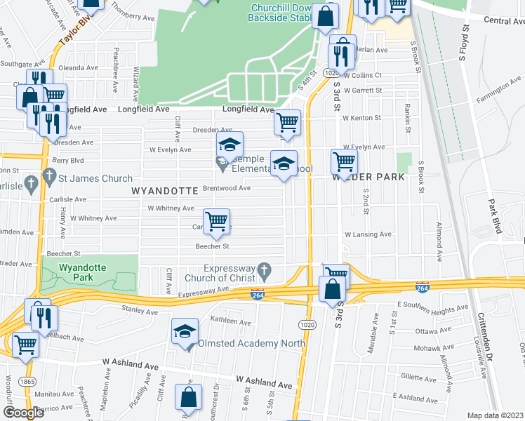 map of restaurants, bars, coffee shops, grocery stores, and more near 520 West Whitney Avenue in Louisville
