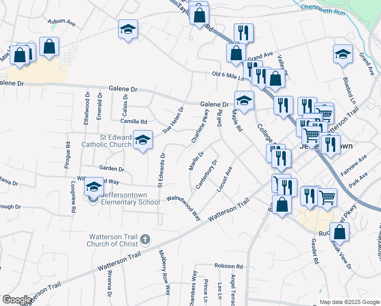 map of restaurants, bars, coffee shops, grocery stores, and more near 3601 Charlane Parkway in Louisville
