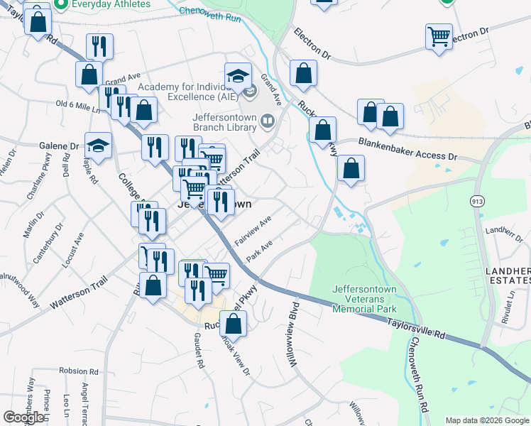 map of restaurants, bars, coffee shops, grocery stores, and more near 10600 Old Taylorsville Road in Louisville