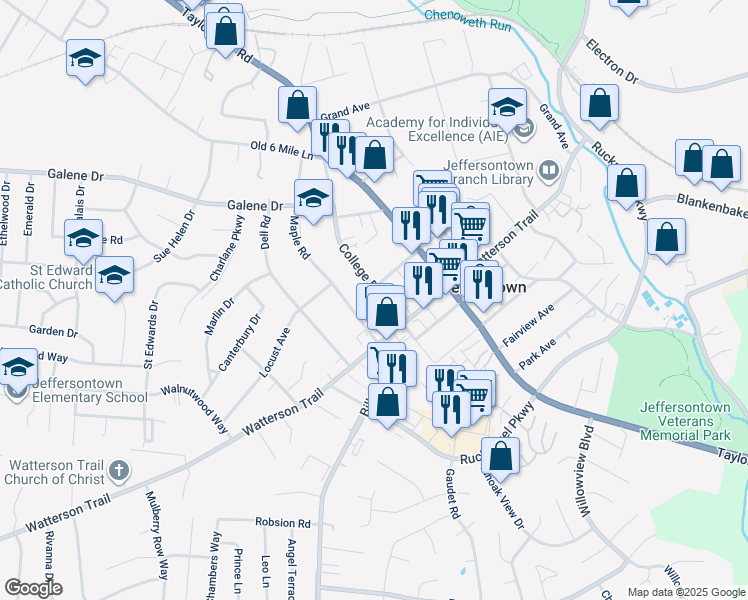 map of restaurants, bars, coffee shops, grocery stores, and more near 3409 College Drive in Louisville