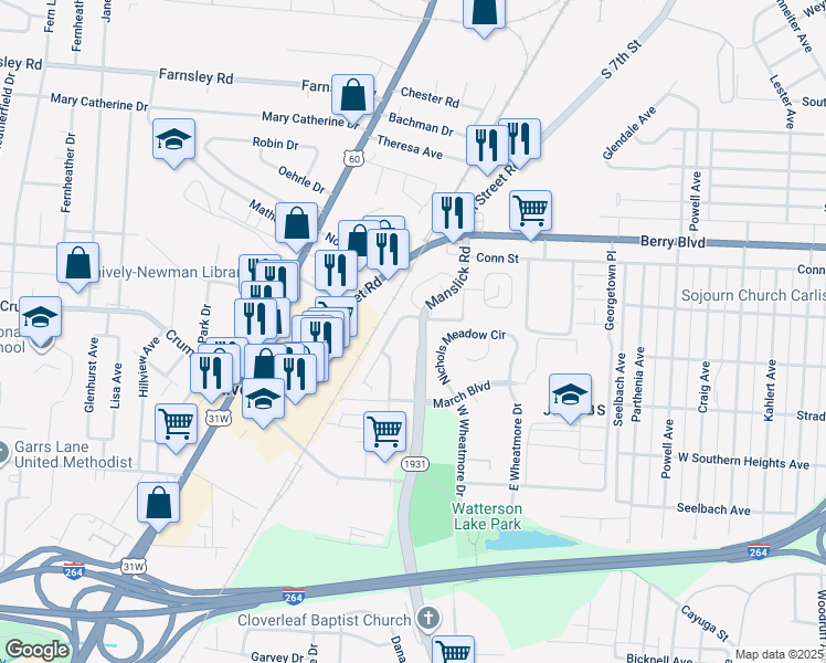 map of restaurants, bars, coffee shops, grocery stores, and more near 3628 Elderwood Way in Louisville