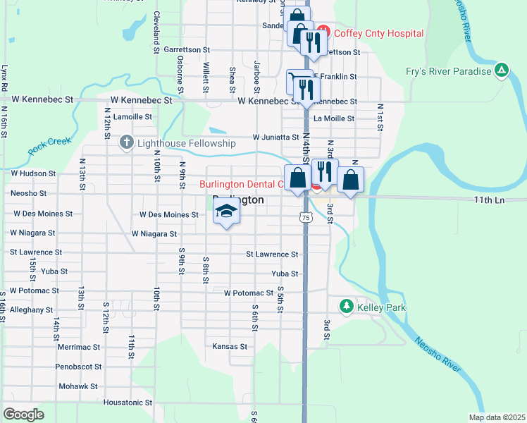 map of restaurants, bars, coffee shops, grocery stores, and more near 513 Neosho Street in Burlington