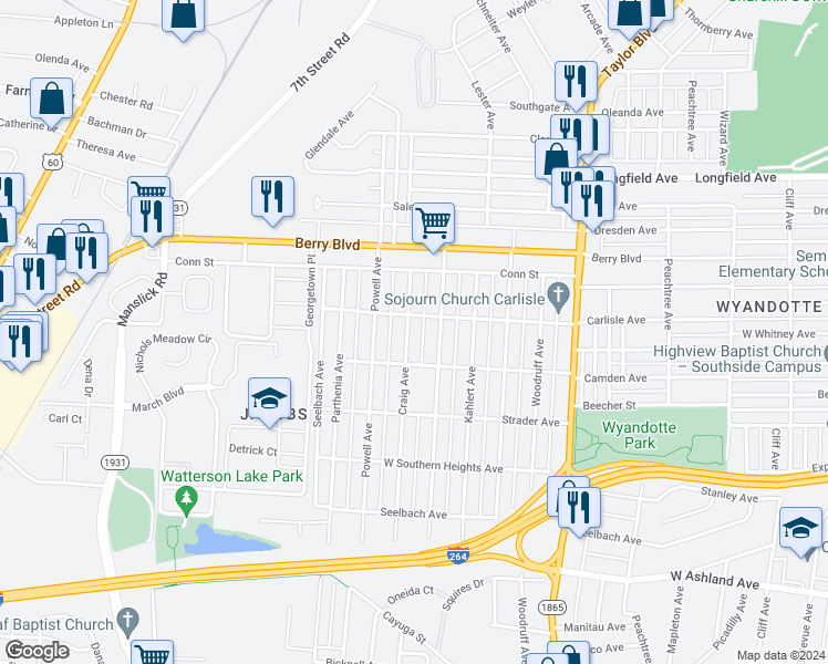 map of restaurants, bars, coffee shops, grocery stores, and more near 3609 Craig Avenue in Louisville