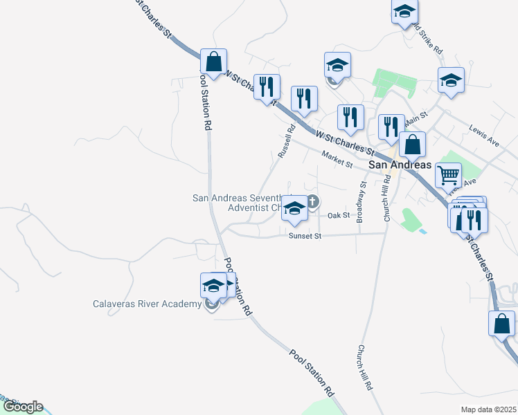 map of restaurants, bars, coffee shops, grocery stores, and more near 460 Oak Street in San Andreas