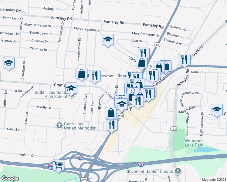 map of restaurants, bars, coffee shops, grocery stores, and more near 3931 Park Drive in Louisville