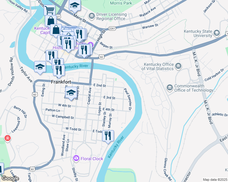 map of restaurants, bars, coffee shops, grocery stores, and more near 232 East 2nd Street in Frankfort