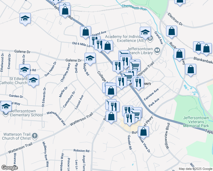 map of restaurants, bars, coffee shops, grocery stores, and more near 3409 College Drive in Louisville