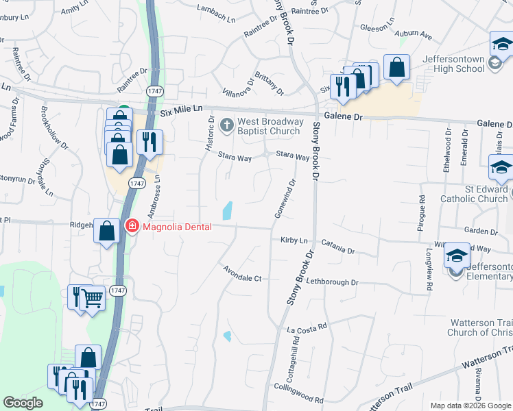 map of restaurants, bars, coffee shops, grocery stores, and more near 3414 Stony Farm Drive in Louisville