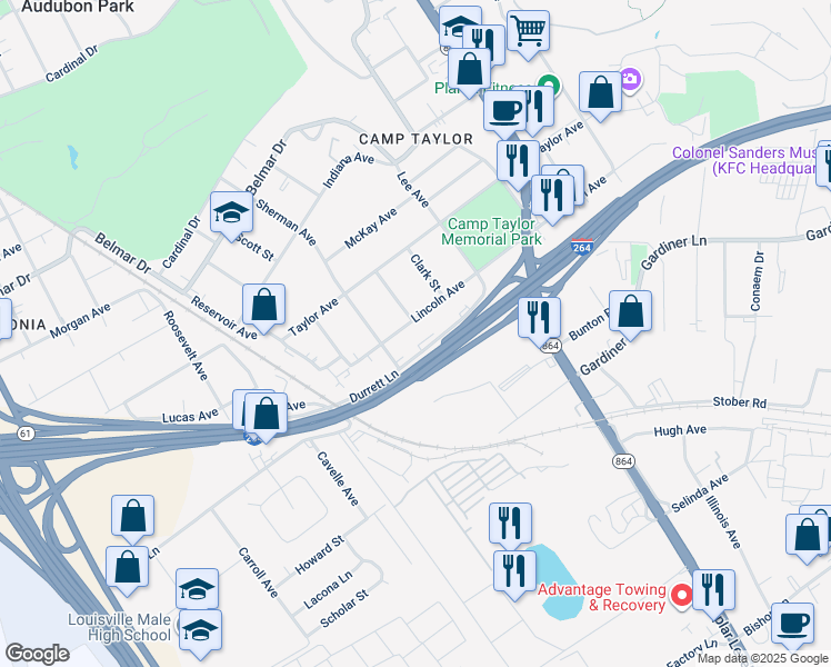 map of restaurants, bars, coffee shops, grocery stores, and more near 1530 Lincoln Avenue in Louisville