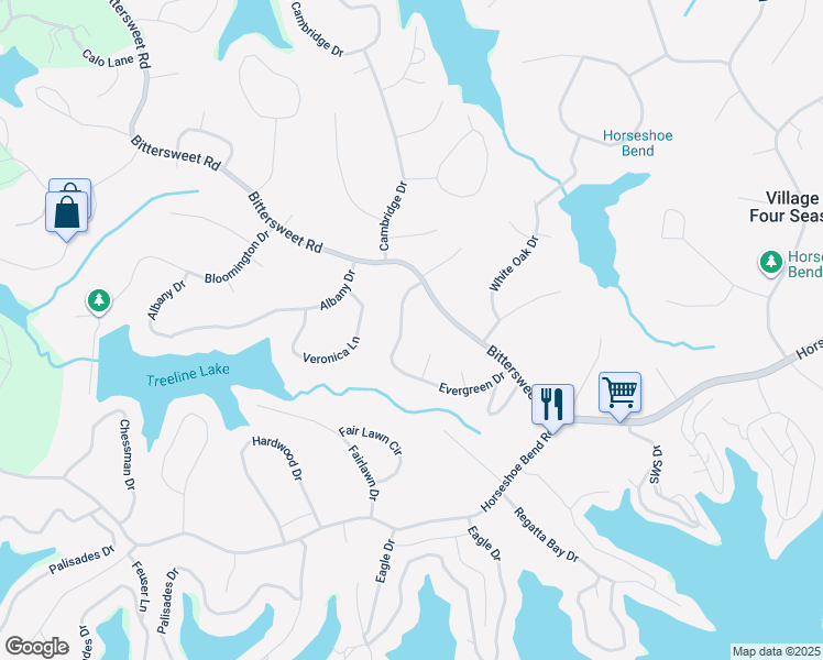 map of restaurants, bars, coffee shops, grocery stores, and more near 370 Bittersweet Road in Village of Four Seasons