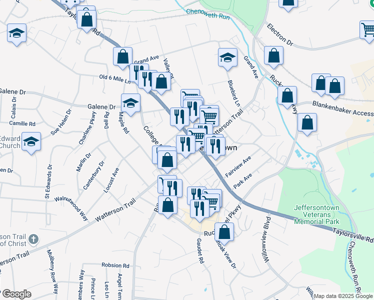 map of restaurants, bars, coffee shops, grocery stores, and more near 10318 Taylorsville Road in Jeffersontown