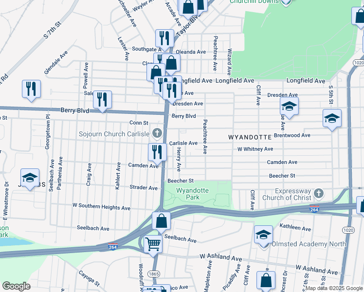 map of restaurants, bars, coffee shops, grocery stores, and more near 1124 Carlisle Avenue in Louisville