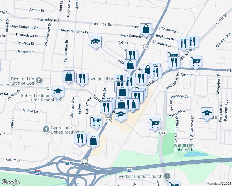 map of restaurants, bars, coffee shops, grocery stores, and more near 3932 Dixie Highway in Louisville