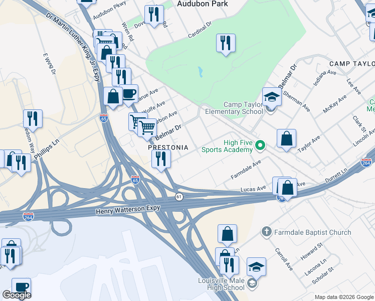 map of restaurants, bars, coffee shops, grocery stores, and more near 4032 Franklin Avenue in Louisville