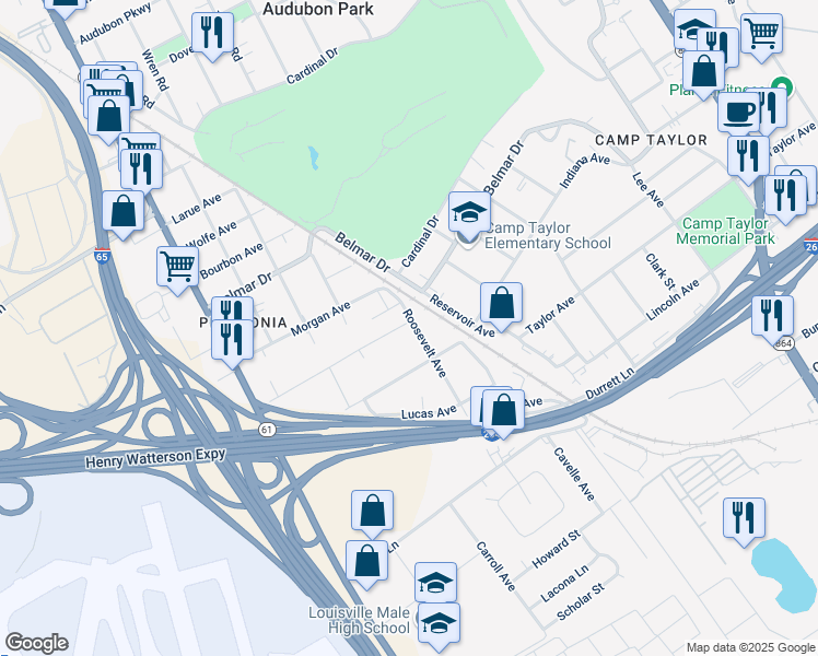map of restaurants, bars, coffee shops, grocery stores, and more near 4146 Roosevelt Avenue in Louisville