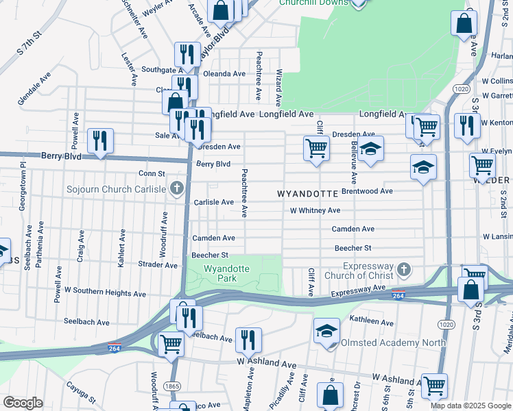map of restaurants, bars, coffee shops, grocery stores, and more near 1024 Carlisle Avenue in Louisville