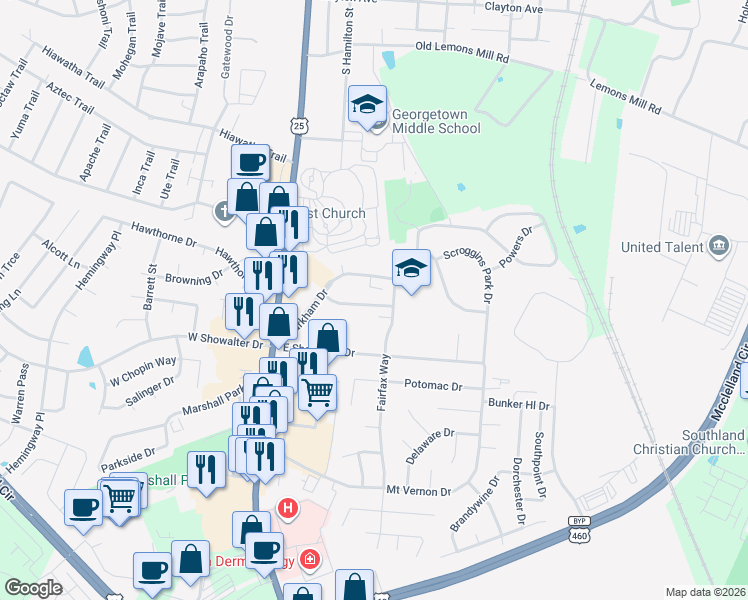 map of restaurants, bars, coffee shops, grocery stores, and more near 220 Markham Drive in Georgetown