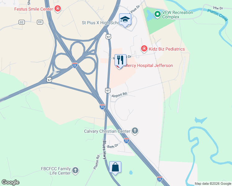 map of restaurants, bars, coffee shops, grocery stores, and more near 1420 U.S. 61 in Festus