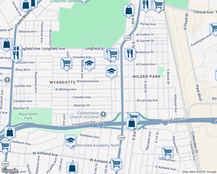 map of restaurants, bars, coffee shops, grocery stores, and more near 4054 South 5th Street in Louisville