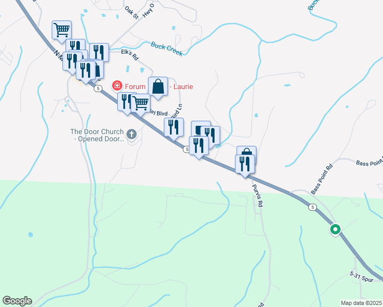 map of restaurants, bars, coffee shops, grocery stores, and more near 246 South Main Street in Gravois Mills