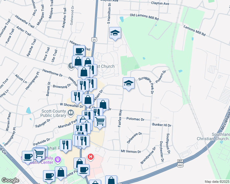 map of restaurants, bars, coffee shops, grocery stores, and more near 220 Markham Drive in Georgetown