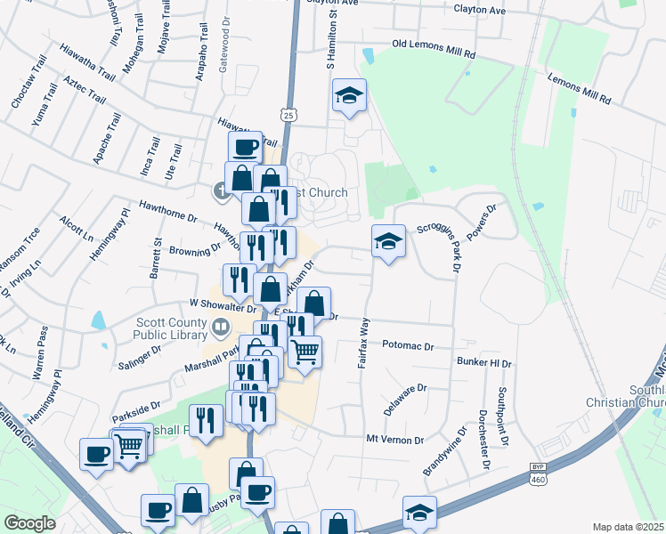 map of restaurants, bars, coffee shops, grocery stores, and more near 220 Markham Drive in Georgetown