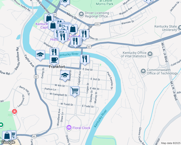 map of restaurants, bars, coffee shops, grocery stores, and more near 121 East 2nd Street in Frankfort