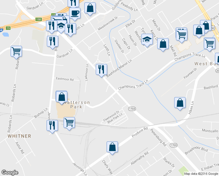 map of restaurants, bars, coffee shops, grocery stores, and more near 102 Spring Creek Court in Louisville