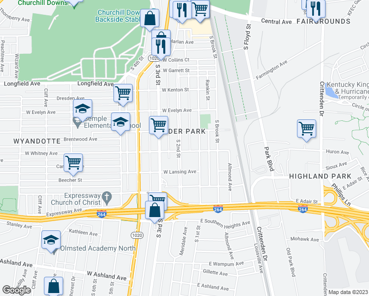 map of restaurants, bars, coffee shops, grocery stores, and more near 4213 South 2nd Street in Louisville