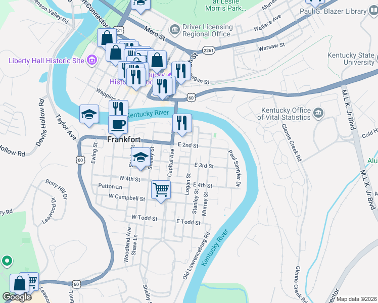 map of restaurants, bars, coffee shops, grocery stores, and more near 121 East 2nd Street in Frankfort