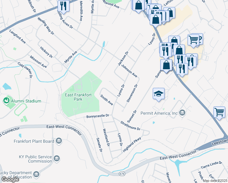 map of restaurants, bars, coffee shops, grocery stores, and more near 259 Beckham Avenue in Frankfort