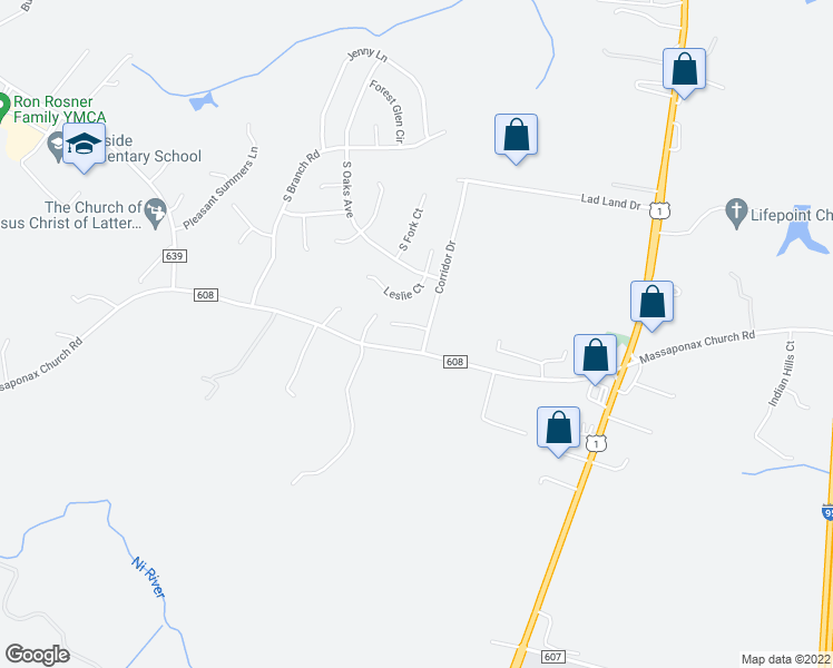 map of restaurants, bars, coffee shops, grocery stores, and more near 5300 Rachels Court in Fredericksburg