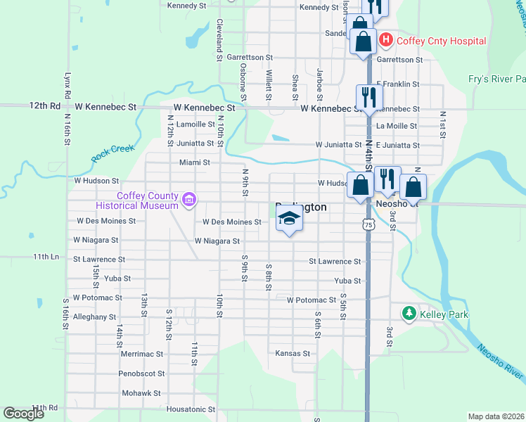 map of restaurants, bars, coffee shops, grocery stores, and more near 801 Neosho Street in Burlington