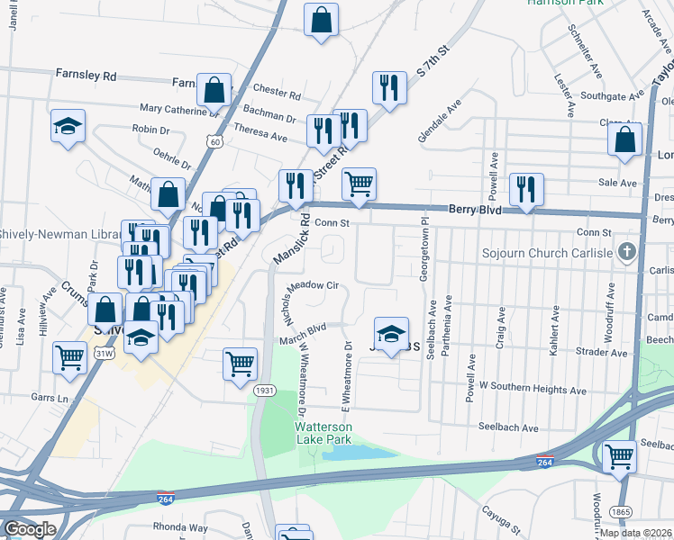 map of restaurants, bars, coffee shops, grocery stores, and more near 16 Nichols Drive in Louisville