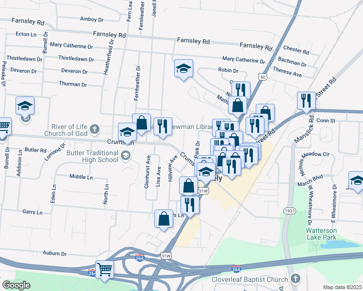 map of restaurants, bars, coffee shops, grocery stores, and more near 2009 Crums Lane in Shively